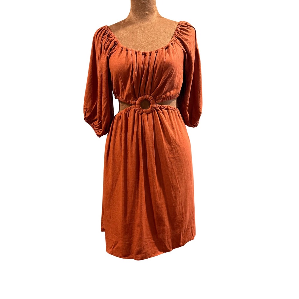NWT Altar'd State Mini Dress Womens S Rust Cutout O-Ring Linen Blend Festival